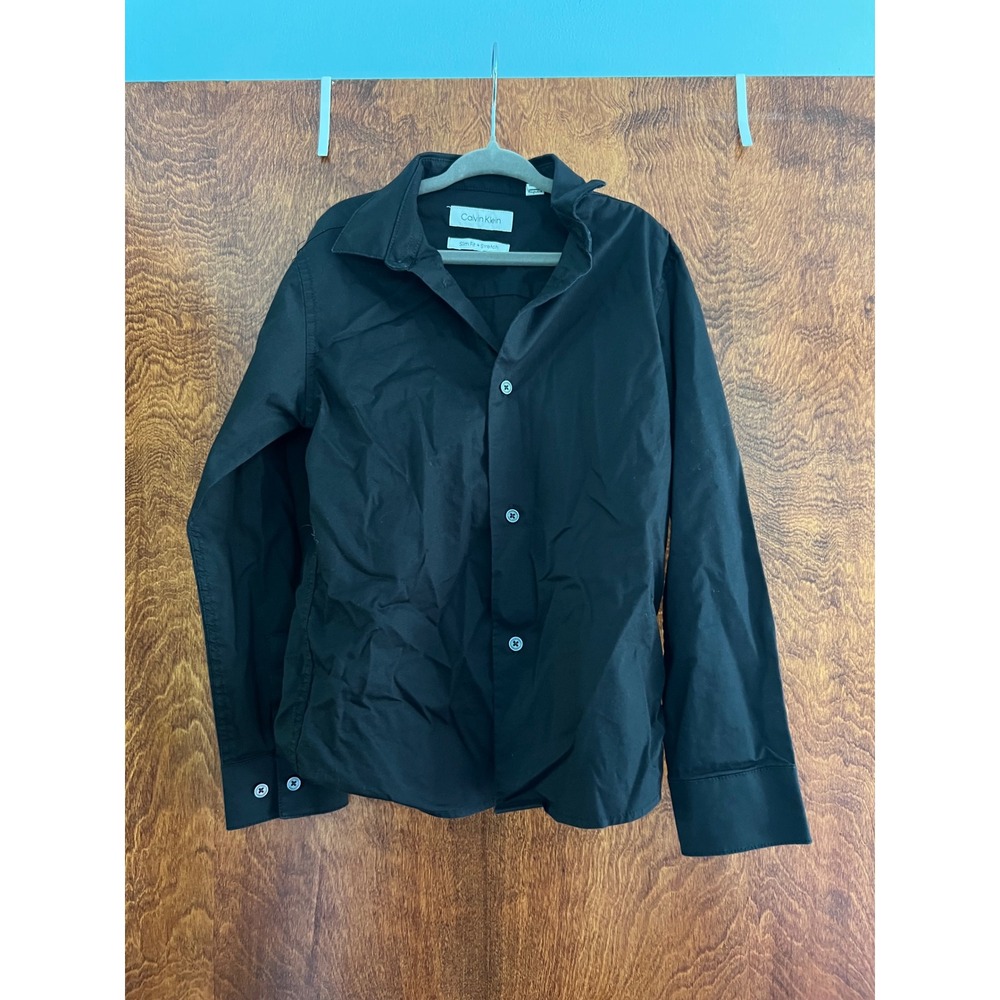 Calvin Klein Button Down Kids 7 Black Excellent Slim Fit Stretch Long Sleeve